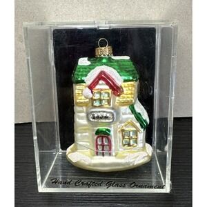 Vintage Target Hand Crafted Glass Ornament House w/snow 2002